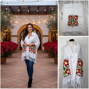 Mexican Embroidered White Wrap Shawl Pashmina with Red Poinsettias